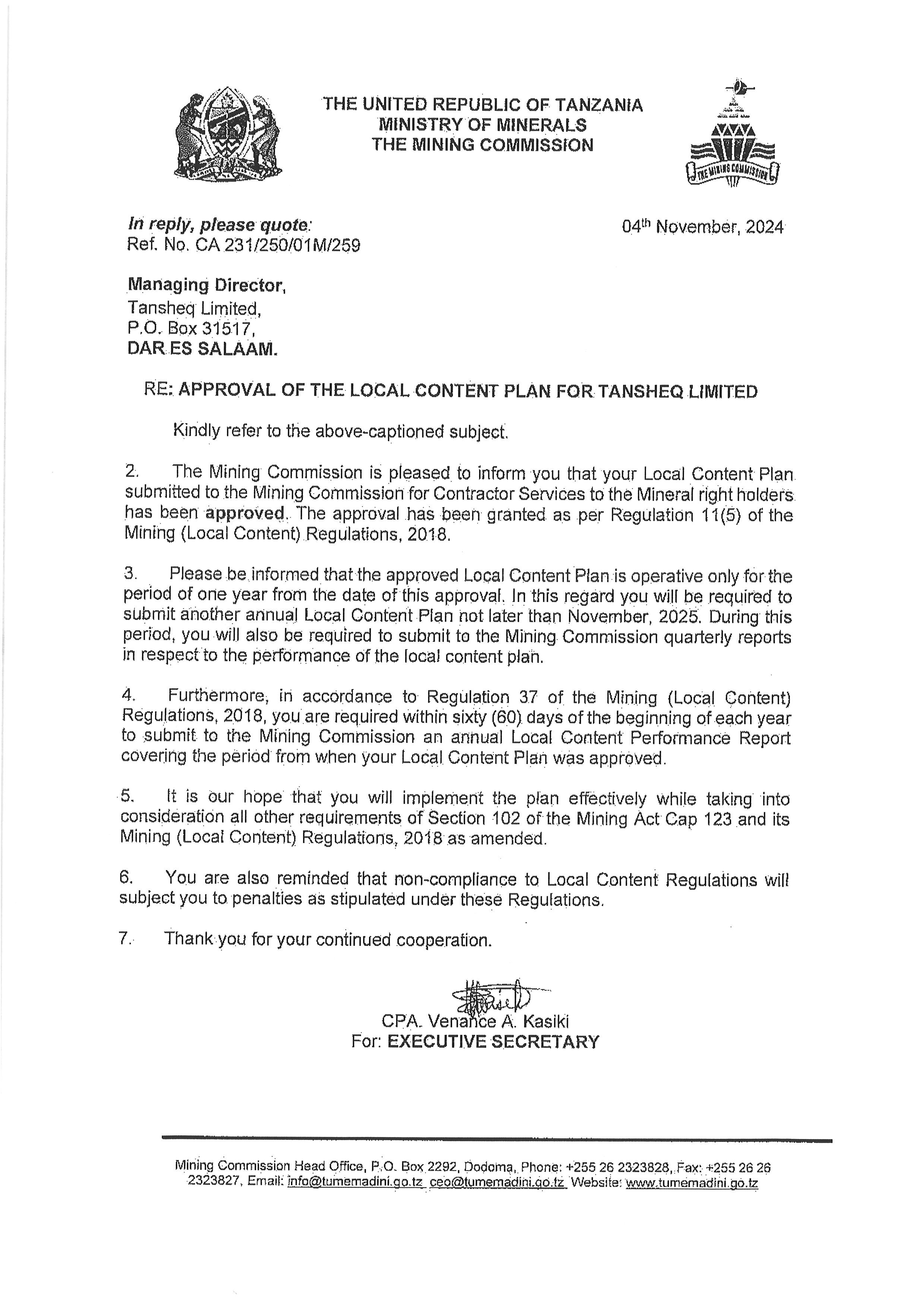 Tansheq Limited Achieves Approval for Local Content Plan by the Mining Commission